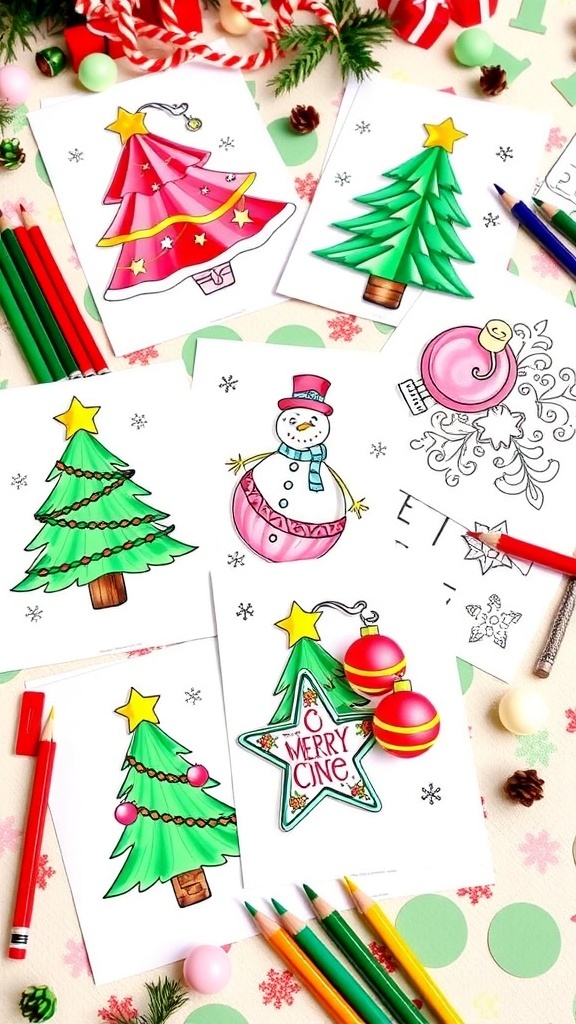 3D Christmas Coloring Pages Colorful 3D Christmas coloring pages with pencils and scissors on a festive table.